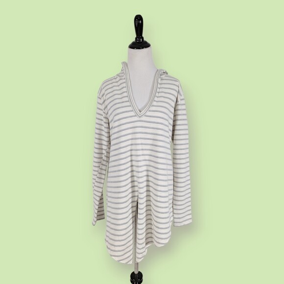 Anthropologie Left Of‎ Center Hooded Pullover gray/cream striped L - Picture 1 of 5